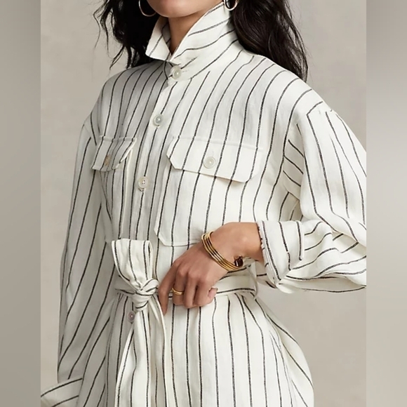 Polo Ralph Lauren Belted Striped Linen Utility Shirt Size 2 NWT - Picture 1 of 8